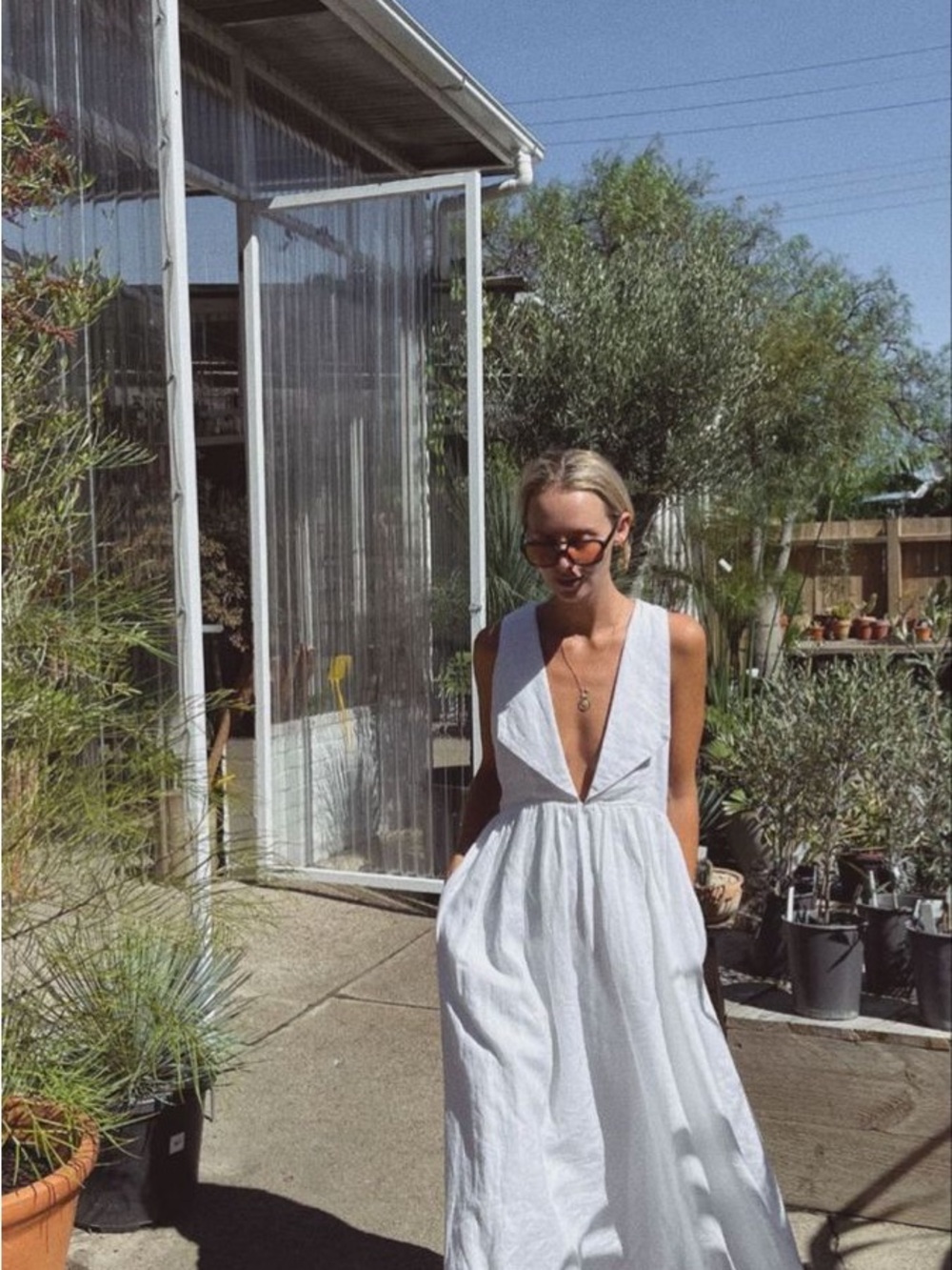 Posse White Deep-V Maxi Dress with Pockets